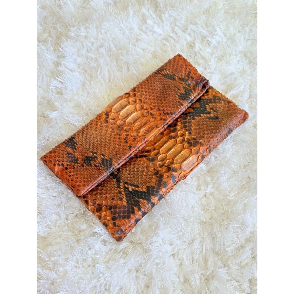 100% GENUINE SNAKE SKIN PYTHON LEATHER ORANGE ENVELOPE CLUTCH BRAZIL INDONESIA